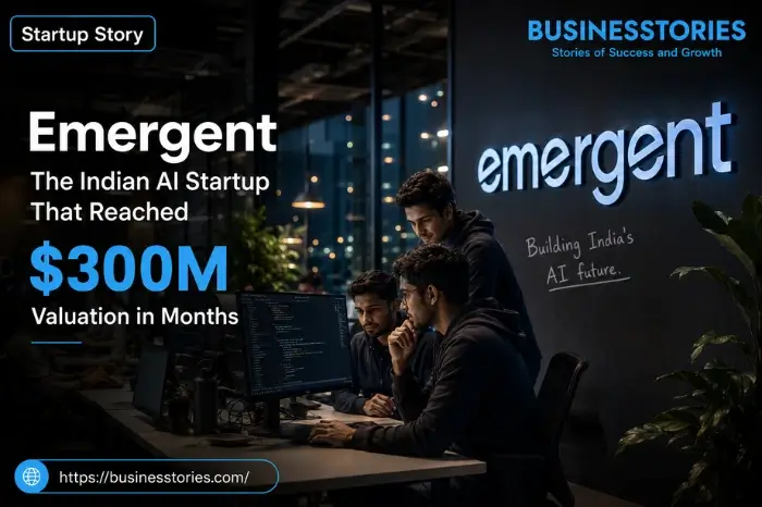 Emergent AI startup team collaborating in a modern office, representing the Indian AI startup that reached a $300 million valuation within months.