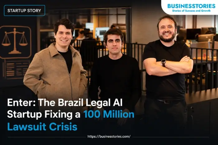 Enter legal AI startup founders in a modern office showcasing AI technology that helps reduce Brazil’s massive lawsuit backlog.