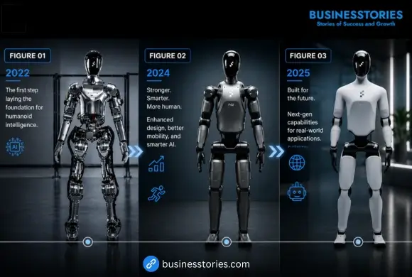 Figure AI's humanoid robots showing the evolution from Figure 01 (2022) to Figure 02 (2024) and Figure 03 (2025), highlighting advancements in AI robotics and humanoid technology.