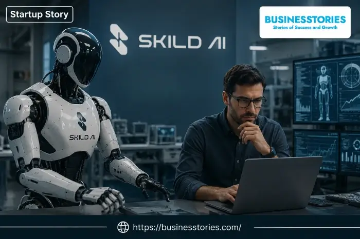 Skild AI robotics lab where an AI-powered humanoid robot collaborates with an engineer, showcasing how Skild AI is shaping the future of robotics and artificial intelligence.