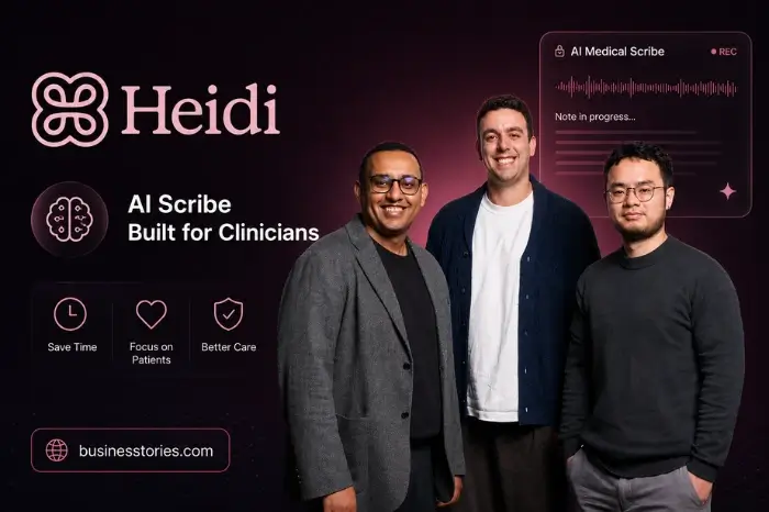 Heidi Health founders standing with Heidi logo and AI medical scribe platform illustration showcasing the company's growth and healthcare AI innovation.