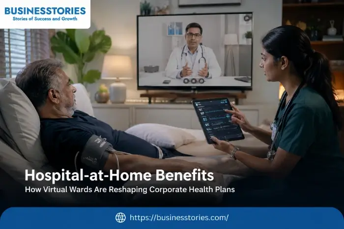Healthcare professionals providing hospital-at-home care through virtual ward technology, with remote patient monitoring and telehealth consultation in a modern home setting.