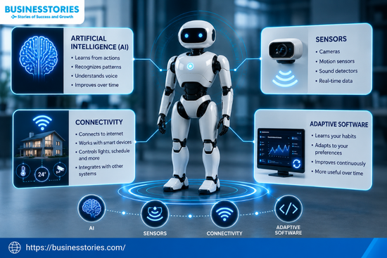 Humanoid robot demonstrating Ponas Robotas technology with artificial intelligence, sensors, connectivity, and adaptive software.