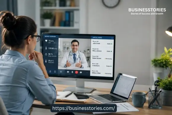 Employee attending a virtual ward telehealth consultation from a home office while connecting with a doctor through a remote healthcare platform.