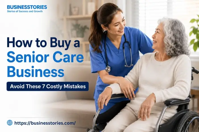 Senior care business acquisition guide showing a caregiver assisting an elderly woman with the title How to Buy a Senior Care Business Avoid These 7 Costly Mistakes.