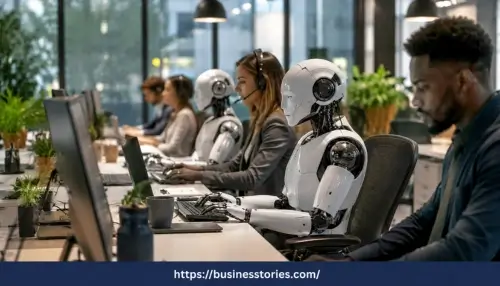 Digital coworkers and AI agents working alongside employees in a modern office, improving productivity, automation, scalability, and business efficiency.