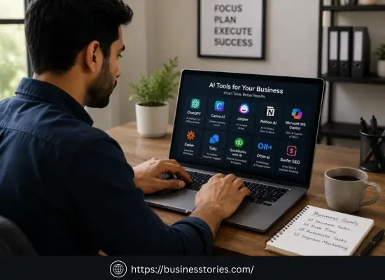Business owner using AI tools on a laptop, showcasing the 10 best AI tools for small business owners to improve productivity, automation, marketing, and business growth.