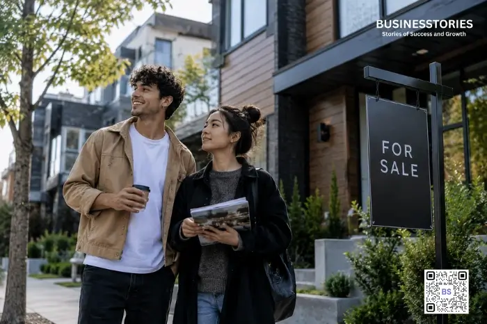 Millennial and Gen Z couple exploring a modern home for sale, representing the rise of young homeownership and the changing American Dream in the United States.