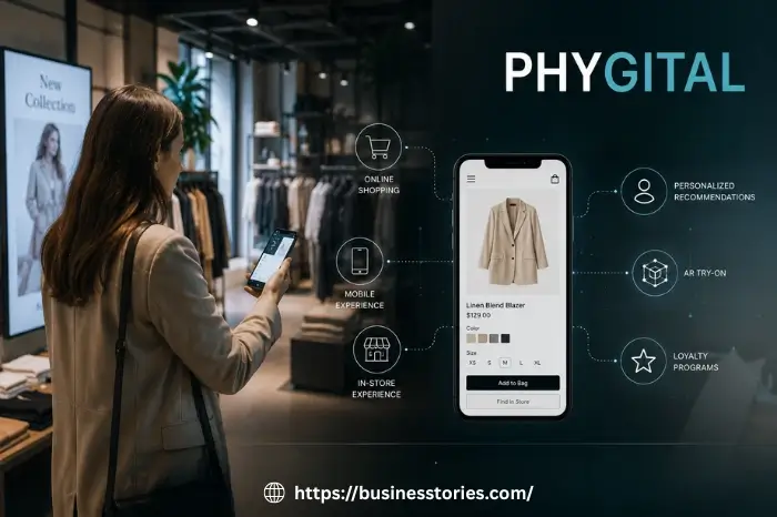Phygital retail experience showing a customer using a smartphone in a physical store with integrated digital shopping features.
