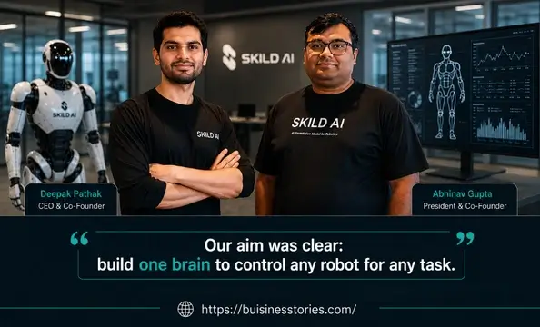 Skild AI founders Deepak Pathak and Abhinav Gupta with an AI-powered humanoid robot, showcasing their vision for building intelligent robotics with the Skild Brain foundation model.