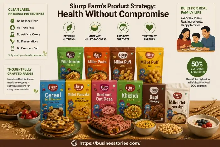 Slurrp Farm healthy food products including millet noodles, millet pasta, dosa mix, khichdi mix, ragi cookies, and porridge showcasing the brand's clean-label product strategy.