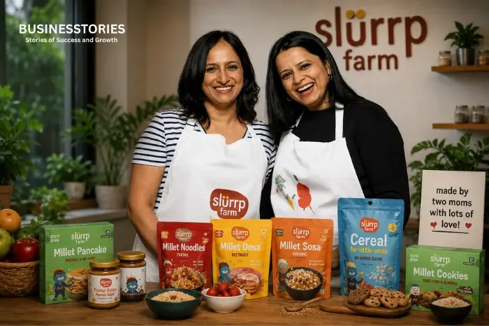 Slurrp Farm founders standing with healthy millet-based food products showcasing the success story of India's ₹100 crore healthy food startup.