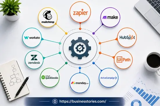 Visual infographic showing leading business automation tools including Zapier, Make, HubSpot, UiPath, ActiveCampaign, Monday.com, QuickBooks, Zendesk, Workato, and Mailchimp connected through a central automation hub.