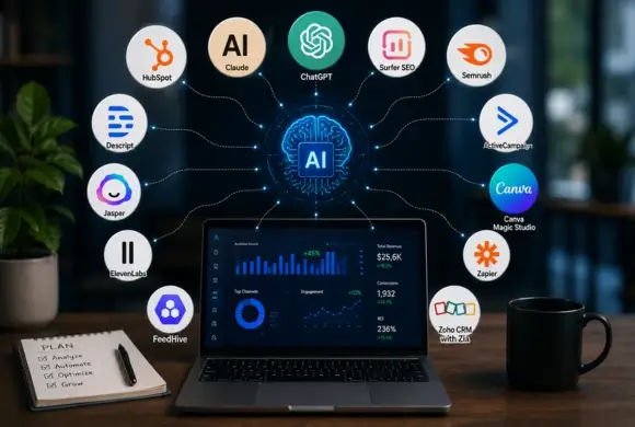 HubSpot, ChatGPT, Claude, Semrush, Surfer SEO, Canva Magic Studio, Jasper, Zapier, Copy.ai, and other AI marketing tools displayed in a modern business workspace.
