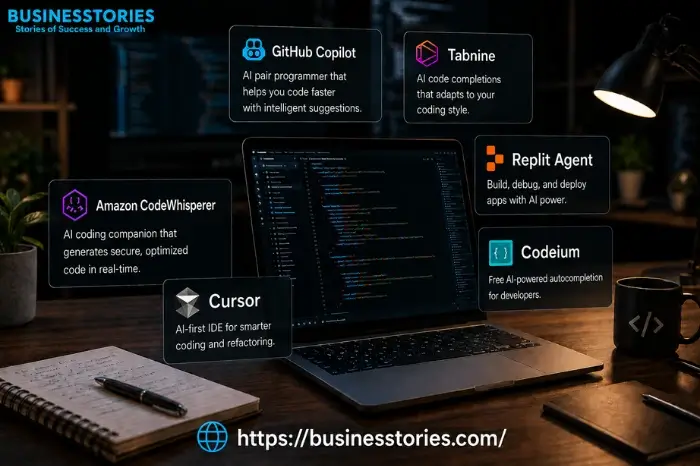 Modern developer workspace with AI coding tools, code editor on laptop screen, and futuristic software development environment.