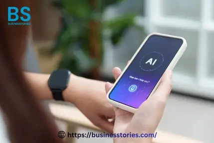 Person holding a smartphone displaying an AI voice assistant app, representing AI voice generator technology for businesses, creators, and digital content production.