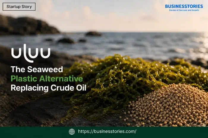 ULUU seaweed-based bioplastic pellets and seaweed on a coastal shoreline, showcasing a sustainable alternative to crude oil plastics.