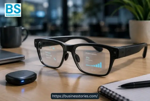 AI smart glasses with an augmented reality display showing notifications, reminders, and real-time information on a modern office desk.