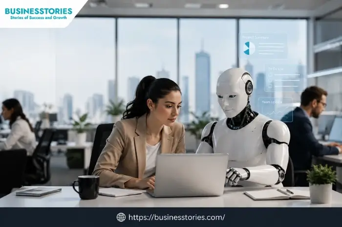 Human employee collaborating with an AI digital coworker robot in a modern office environment.