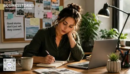 Human writer creating original content and brand stories in a creative workspace with notebook and laptop.