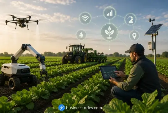 AI-powered autonomous robotics in agriculture with smart farming robots, agricultural drones, precision farming technology, and a farmer monitoring crops using a digital tablet.