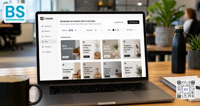 Cuttable AI advertising platform displayed on a laptop, showing automated ad creation tools for e-commerce brands and digital marketing campaigns.