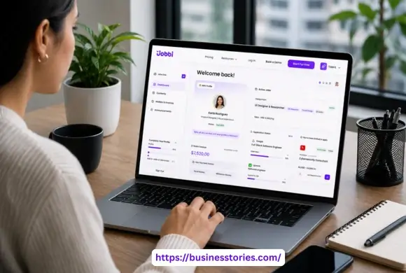 Professional using Jobbi.me AI hiring and payroll platform to connect Latin American talent with global job opportunities.