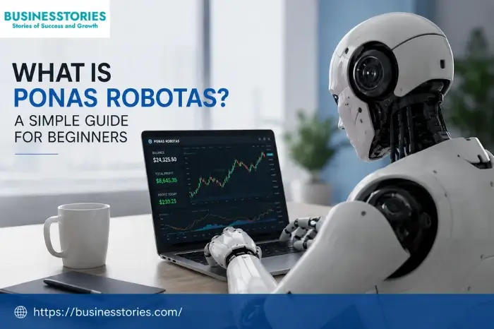 Humanoid robot using a laptop with a digital dashboard, illustrating Ponas Robotas and beginner-friendly robotics technology concepts.
