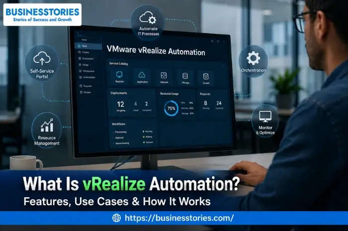 VMware vRealize Automation dashboard displaying cloud automation, self-service provisioning, orchestration, and infrastructure management features.