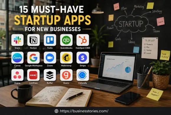 Essential startup apps including Slack, Notion, Trello, HubSpot CRM, Canva, Google Workspace, Zoom, Mailchimp, Stripe, Asana, LastPass, Buffer, Gusto, Calendly, and QuickBooks.