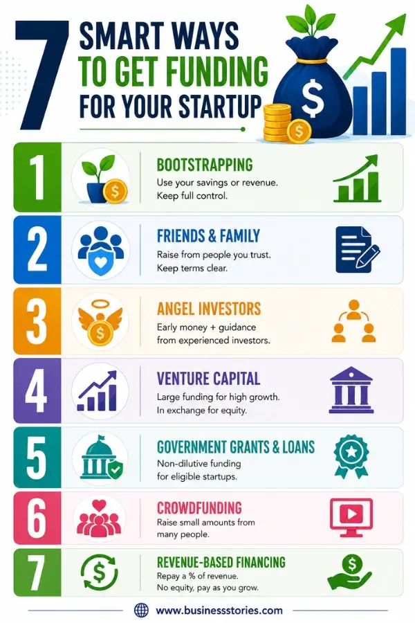 Seven startup funding methods including bootstrapping, friends and family, angel investors, venture capital, government grants, crowdfunding, and revenue-based financing.