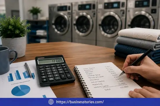 Estimating startup costs for a laundromat business with equipment, lease, utilities, permits, and marketing expenses.