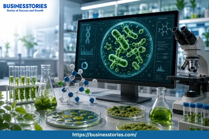 Generative Biology Boom concept showing AI-designed microbes, genome analysis, and biotechnology research for healthcare and sustainable agriculture.