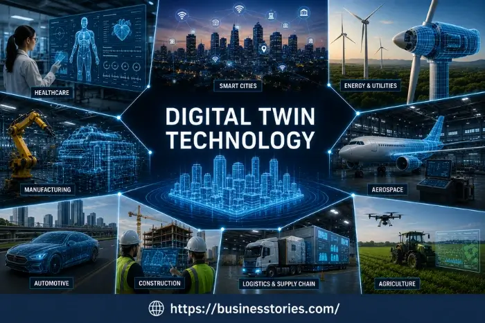 Digital Twin Technology applications across healthcare, smart cities, energy, manufacturing, aerospace, automotive, construction, logistics, and agriculture