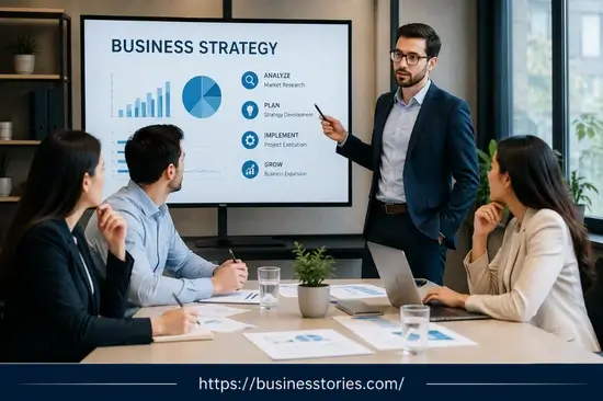 Business consultants presenting a business strategy and growth plan to company executives during a professional team meeting.