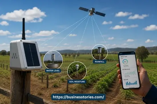 Myriota satellite IoT sends data from remote farm sensors to satellites for water level, soil moisture, and rainfall monitoring on a smartphone.