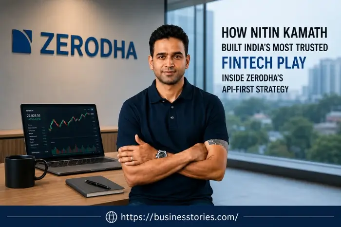 Nitin Kamath with Zerodha branding representing the company's API-first strategy, fintech innovation, and technology-driven growth.