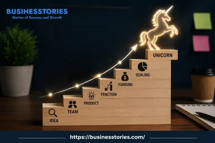 Step-by-step growth journey showing how startups become unicorns through product development, funding, traction, and scaling.