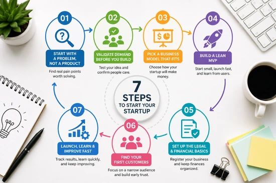 How to start your own startup in 2026 with seven essential steps, including problem validation, business model selection, MVP development, legal setup, customer acquisition, and business growth.