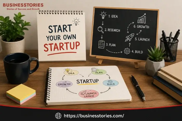 Startup planning workspace showing business idea, research, planning, launch, and growth steps for beginners starting a startup in 2026.