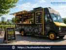 Food truck business with a fully equipped mobile kitchen, menu board, and outdoor seating in a busy city location.