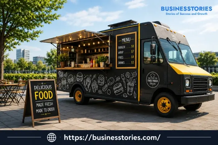 Food truck business with a fully equipped mobile kitchen, menu board, and outdoor seating in a busy city location.