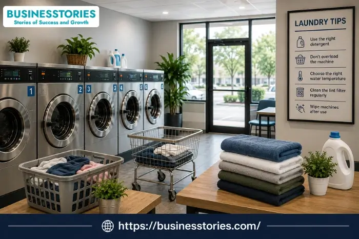 How to start a laundromat business with commercial washing machines, laundry equipment, folding tables, and cleaning tips