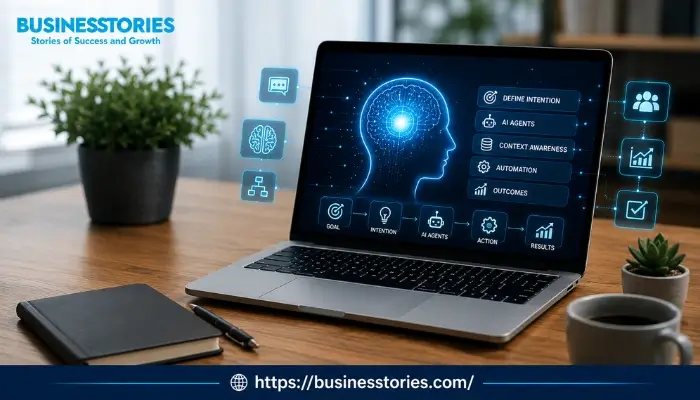 AI-powered workspace featuring an intention-based interface with intelligent agents, automation, and contextual decision-making replacing traditional prompt engineering.