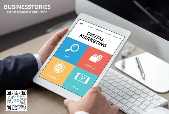 Digital marketing agency offering SEO, content marketing, research, and online marketing services on a tablet.