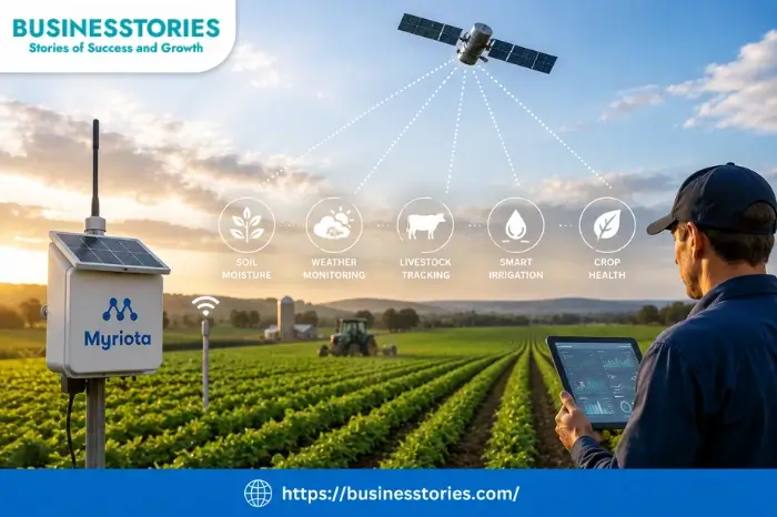 Myriota satellite IoT technology connecting farm sensors for soil moisture, weather monitoring, livestock tracking, smart irrigation, and crop health in Australia.
