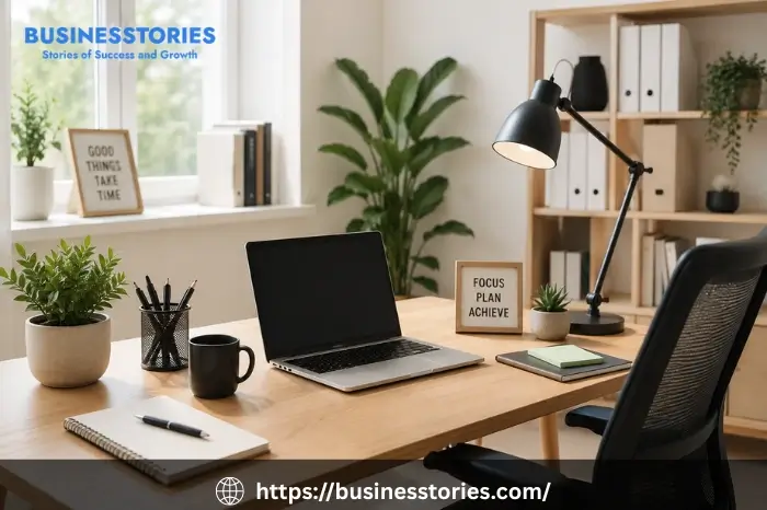 Modern remote work setup featuring a clean home office with a laptop, ergonomic chair, desk organizer, indoor plants, and natural daylight for a productive workspace.