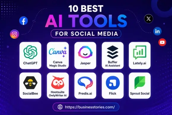 AI Tools for Social Media featuring ChatGPT, Canva Magic Studio, Jasper, Buffer AI Assistant, Lately.ai, SocialBee, Hootsuite OwlyWriter AI, Predis.ai, Flick, and Sprout Social.
