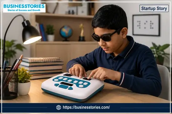 Visually impaired student using ThinkerBell Labs’ Annie Braille literacy device for independent and accessible learning.
