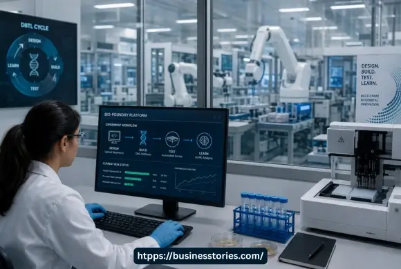 Advanced Bio-Foundry-as-a-Service laboratory using robotic automation, AI-driven workflows, and high-throughput equipment to accelerate synthetic biology research.